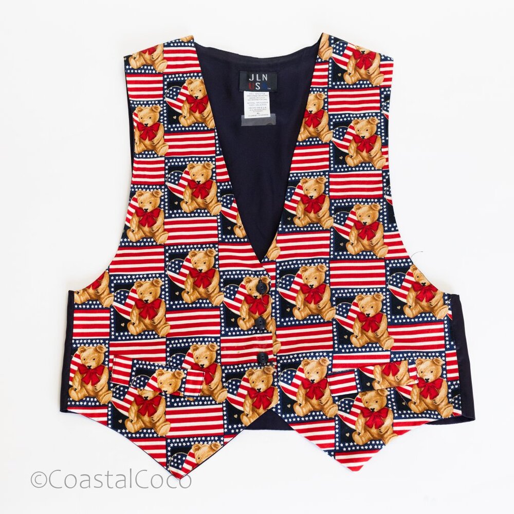 Vintage JLN USA Patriotic Vest XL Teddy Bear Unisex Americana Flag 100% Cotton